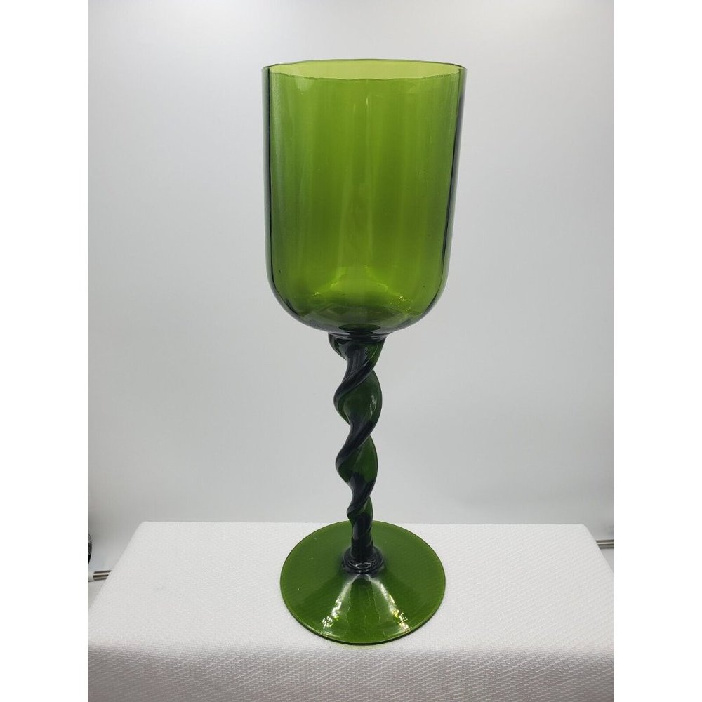 Vintage Avocado Green 1960s Glass Retro Twisted Stem Large Goblet Compote Dish